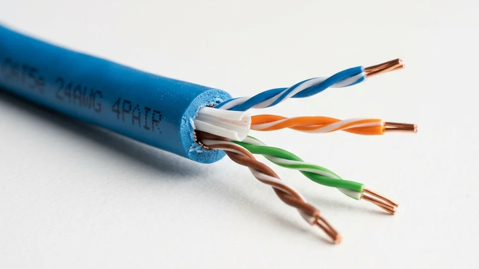 Cat 5e network cable showing the four twisted pairs without a central spline separator