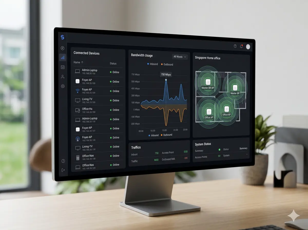 A network management dashboard showing device status, bandwidth usage, and access point health across a landed home