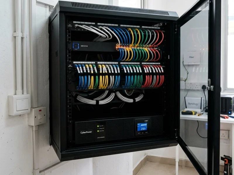 A PoE network switch in a small wall cabinet with labelled Cat 6 cables patched from each room