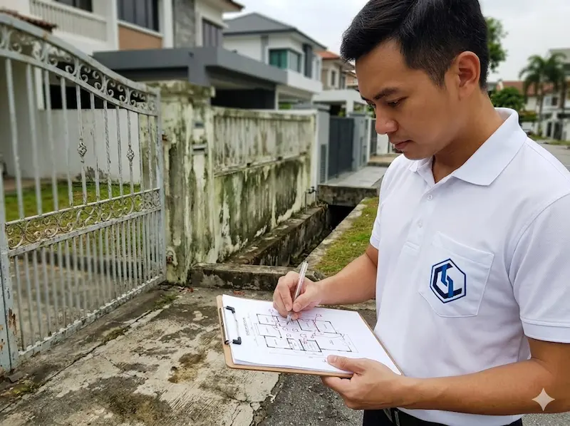 A security engineer conducting a pre-renovation site assessment at a Singapore landed property with floor plans