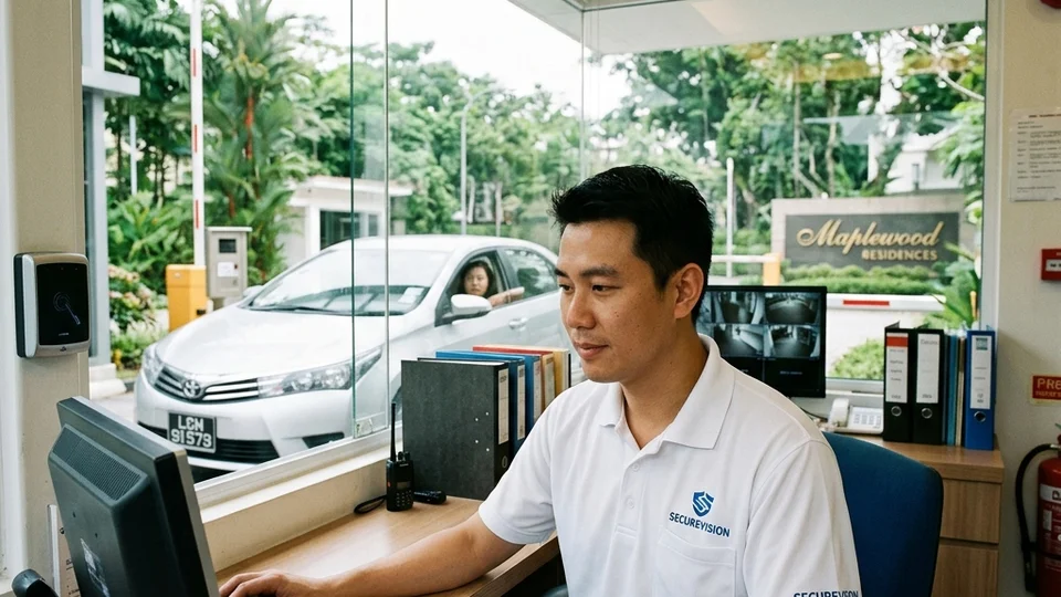 Securevision officer registering visitor vehicle at Singapore condominium guardhouse