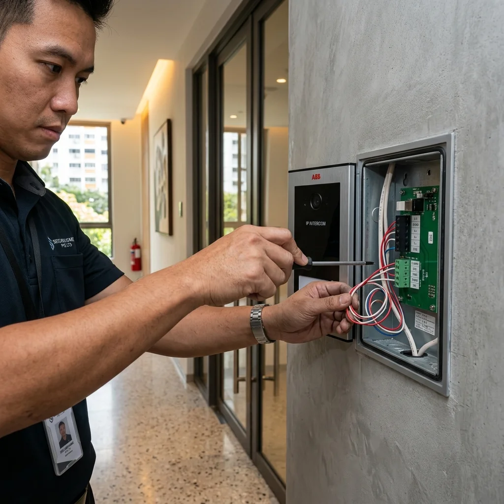Securevision technician reusing existing 2-wire cabling for IP intercom upgrade Singapore