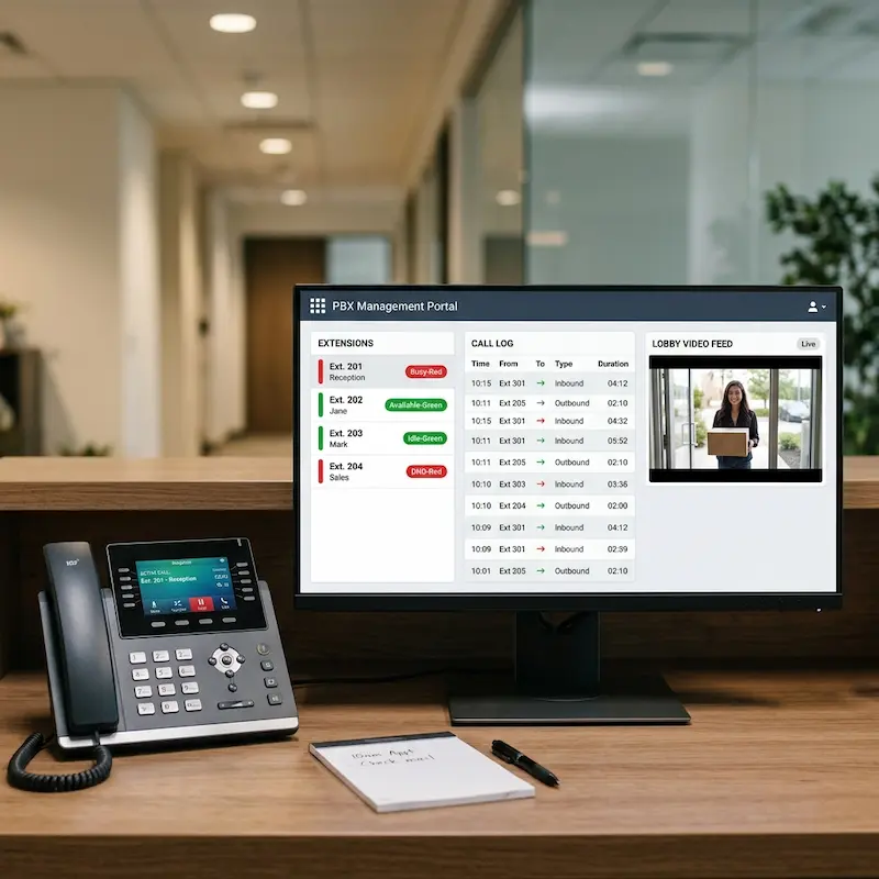 Yeastar PBX dashboard showing extensions, call status and intercom integration